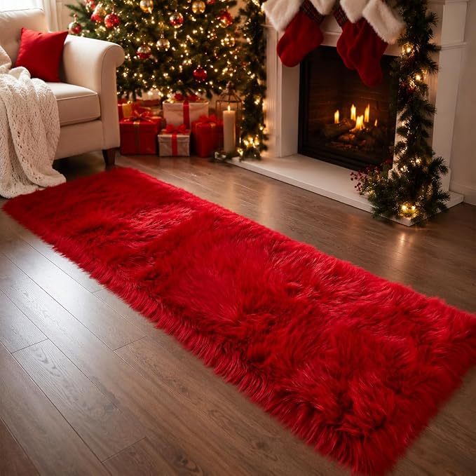 EasyJoy Ultra Soft Faux Fur Rug Fluffy Sheepskin Rug for Bedroom Living Room Sofa Bedside Floor(2x6 ft Rectangle, Red)