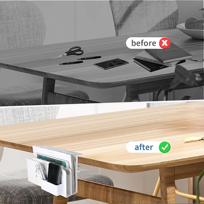 2 Tier Desk Side Storage Organizer, Under Desk Laptop Holder with Magnetic Pen Holder, No Drill Hanging Desks Caddy for Office & Home, Clamp On Desk Shelf for Tablet, Files, Accessories(White)