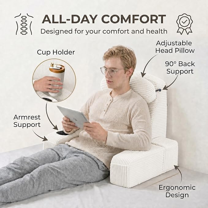 Reading Pillow for Adults, Back Pillow for Bed Sitting Up, Backrest Pillow for Sitting in Bed, Detachable Arms with Built-in Cup & Phone Caddy (Beige-Corduroy, 21 INCH)