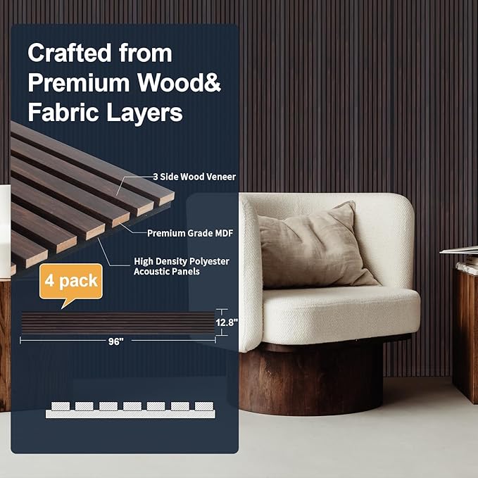 NeatiEase Wood Panels for Wall, 4-Piece 96" x 12.6" Soundproof Wood Slat Wall Panel for Interior Wall Decor Noise Cancelling, Wood Acoustic Wall Panels, Sound Absorbing Panel (Dark Walnut)