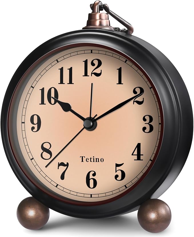 Tetino Analog Alarm Clock,Battery Powered Desk Clocks with Night Light,Silent Non Ticking,Retro Simply Design Alarm Clocks for Living Room, Bedroom, Bedside,Dormitory,Decor,Gift (Black)