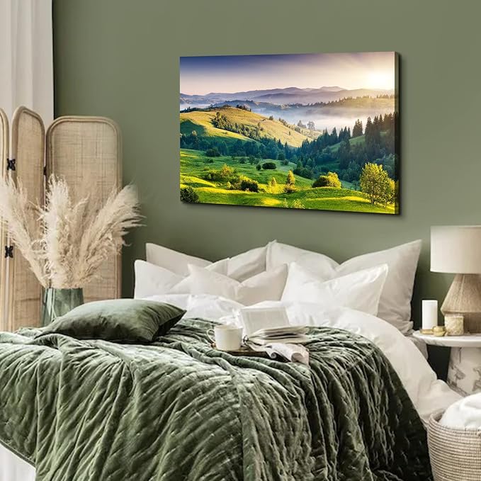 Green Misty Forest Wall Art Spring Mountain Landscape Wall Decor Large Nature Scenery Canvas Picture Painting Modern Framed Artwork for Bedroom Living Room Bathroom Office Home Decoration 32 x 48 Inch