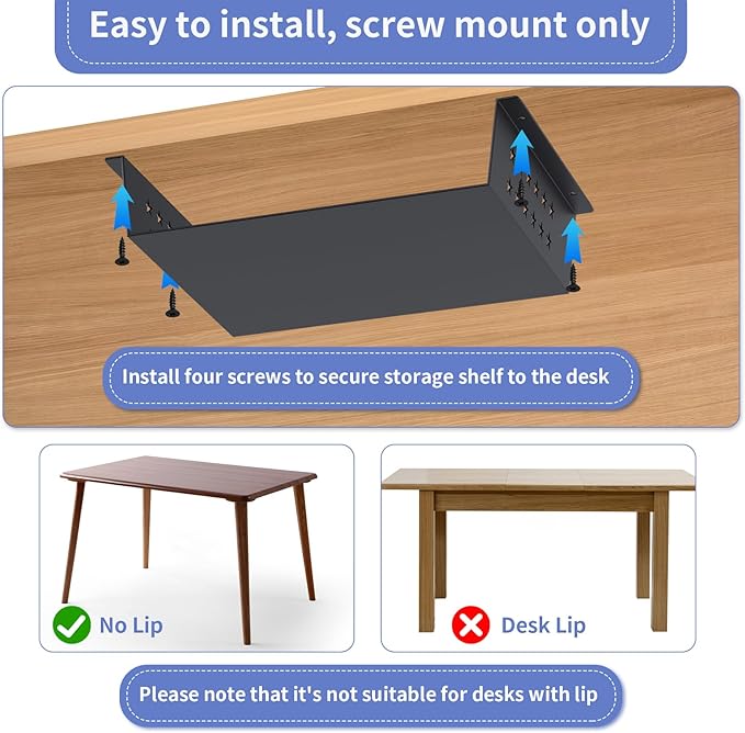 MOLIGOU Under Desk Storage Shelf, Under Desk Tray with Felt Liner, Screw Mount Under Table Hidden Storage for Home Office, Kitchen Cabinet