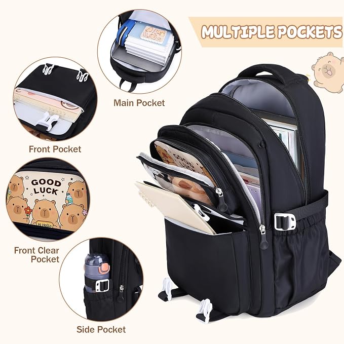 Capybara Backpack for School Girls, 30PCS Capybara Gifts School Supplies Stationery Set with Lunch Box Pencil Case Pens Pencils Notebook Cartoon for Kindergarten Elementary Student(Black)