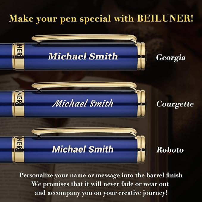 BEILUNER Luxury Personalized Gel Pen with 24K Gold Finish, Blue Piano Lacquer, Luxury Grade Craftsmanship, Best Pen Gift Set for Men and Women, Professional, Executive, Office, Retractable Nice Pens
