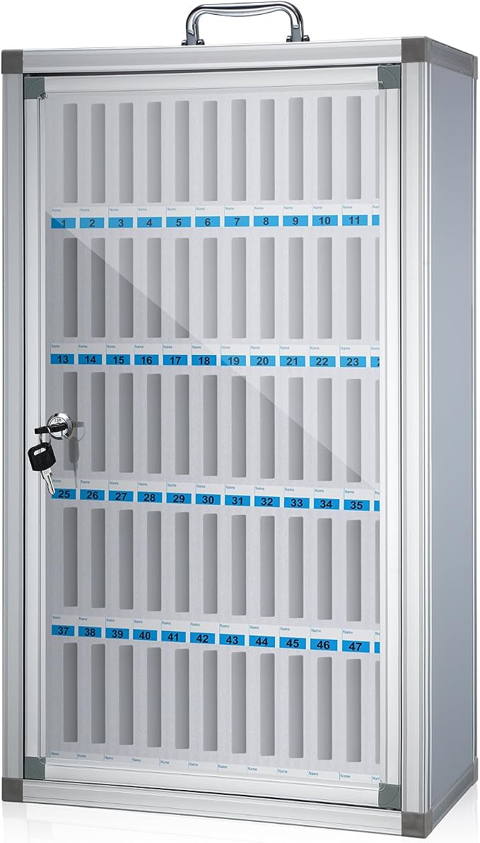 Amylove Cell Phone Locker Cabinet Aluminum Alloy Pocket Chart Storage Locker Box Cabinet Wall-Mounted Cell Phones Storage Box with Handle for Office Classroom Gym(White,60 Slots)