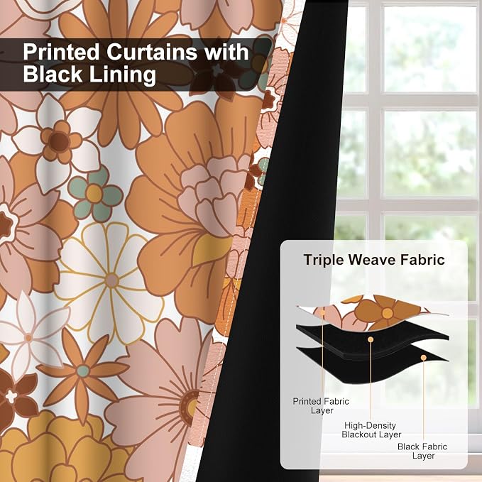 Boho Floral Blackout Curtains for Bedroom 84 inch Long 2 Panels Set, Bohemian Patterned Black Out Curtains for Living Room Farmhouse Grommet Heat Blocking Soundproof Room Darkening Window Drapes