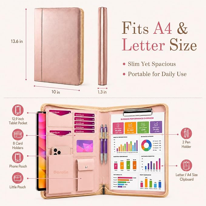 Darolin Vegan Leather Padfolio Portfolio with Zipper, Clipboard -Rosegold | Professional Padfolio for Men Women, Business Resume Folder with Clipboard, Portfolio Bag, Padfolio Organizer for Work Travel
