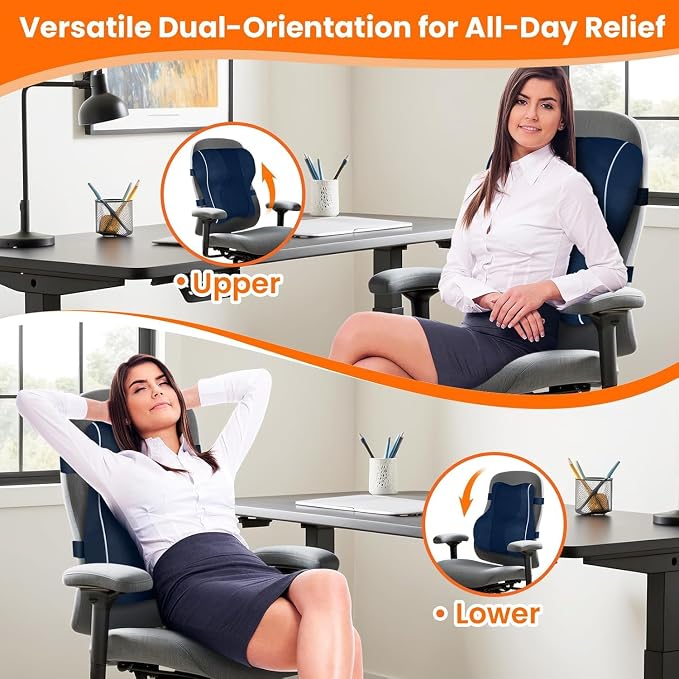 CloudBliss Ergonomic Lumbar Support Pillow Seat Cuhsion - Memory Foam for Lower Back Pain Relief, Adjustable Straps & Mesh Cover for Office, Gaming, Car Seat (XL, Blue)