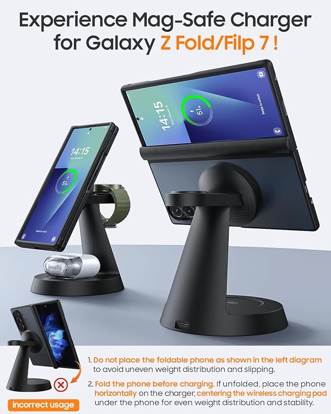 25W Magnetic Wireless Charger for Samsung Galaxy S26 Ultra & 45W Adapter, 3 in 1 Charging Station Design for MagSafe Samsung Charger for S25/Z Fold7, Charger Stand for Galaxy Watch Ultra 8, for Buds