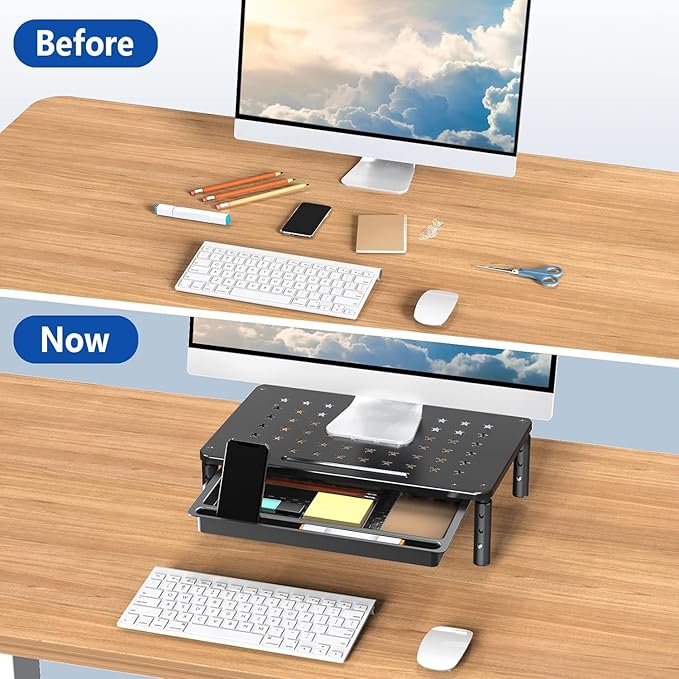 Zimilar 2 Pack Monitor Stand Riser with Drawer, 3 Height Adjustable | Monitor Stand with Unique Star Mesh, Metal Monitor Riser for Computer Laptop Notebook Printer