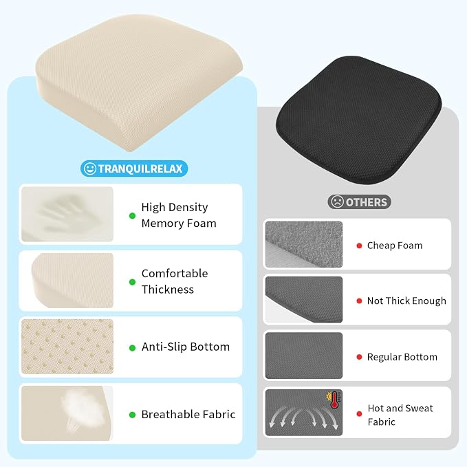 TranquilRelax 2XL Seat Cushion, Memory Foam Cushion for Long Sitting Hours on Office Chair, Car Seat, Non-Slip Chair Pad for Sciatica, Coccyx, Tailbone Pain Relief & Post-Surgery Recovery (Khaki)