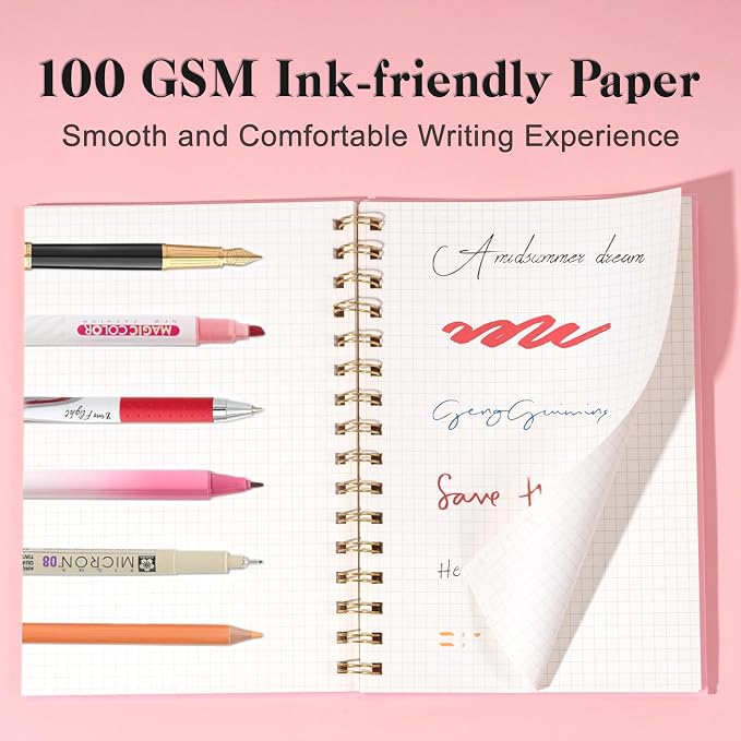 Yoment Graph Paper Notebook A5 Graphing Spiral Notebook 160 Pages Grid Paper Notebook Spiral Bound Pink Hardcover Spiral Journal 5x7 Grid Notebooks for Note Taking, Pink