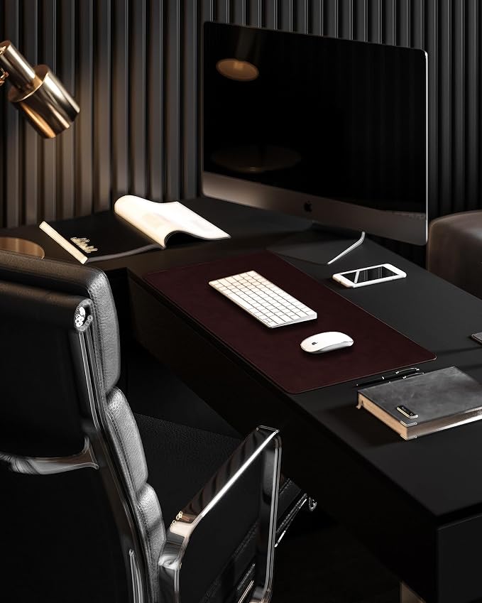 YSAGi Genuine Leather Desk Mat, 35.4"x17" Office Desk Pad, Thick Desk Pad Mat with Stitched Line, Non-Slip Desk Mat with Rubber Base (Red Brown, 35.4"x17")