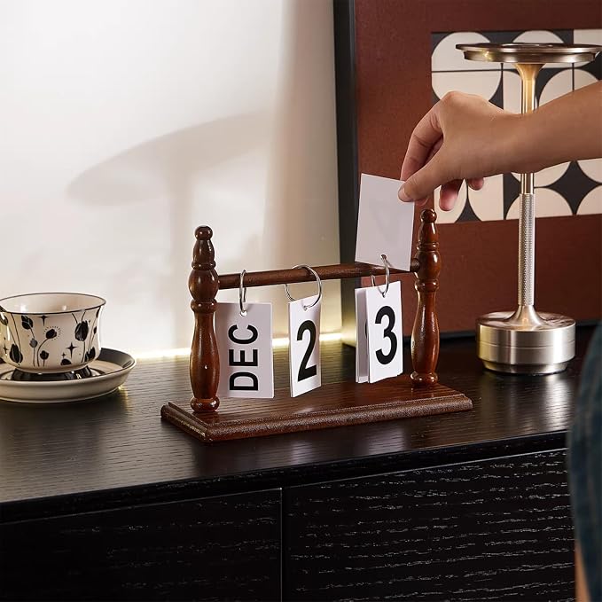 Wooden Perpetual Desk Calendar - Vintage Rustic Flip Calendar with Metal Rings & Reusable Daily Date Cards(Dark Brown)