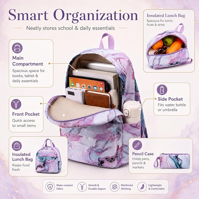 Bluboon Teens Backpack Set Girls School Backpack Lunch Box Pencil Bags Student Bookbags 3 in 1 (Green Marble)