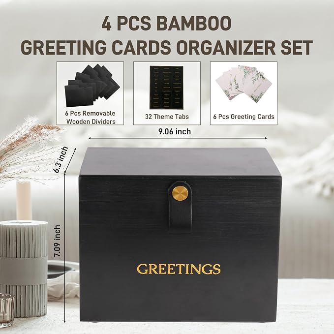 Large Bamboo Greeting Card Organizer Box with 6 Removable Dividers, Real Leather Handle, 100% Handmade Solid Bamboo, Storage Box for Christmas, Valentine, & Birthday Cards, Postcards, Stationery& More