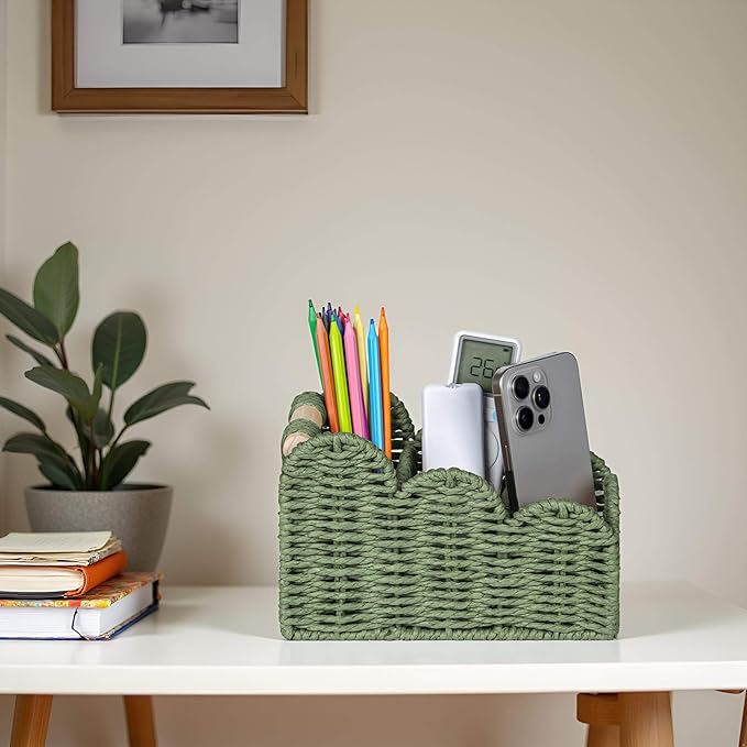 CubesLand Scalloped TV Remote Control Holder Bedside Candy Organizer, Office Desk Storage Organizer Accessories, Pen Pencil Cup, Makeup Brush Holder, Fits Farmhouse Rustic Decor, Earth Friendly, Green