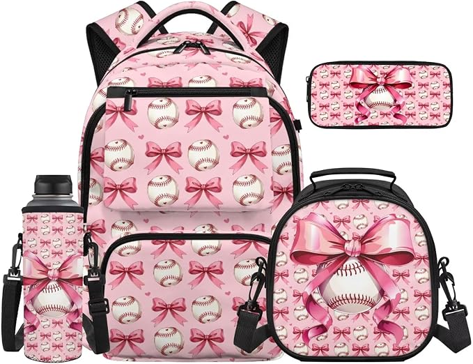 WELLFLYHOM 4 PCS Pink Bow 17 Inch Baseball Backpack for Girls Ages 8-12 | School Set with Insulated Lunch Bag Pencil Case and Water Bottle Sleeve, for Elementary, Junior and Senior School Daily Study