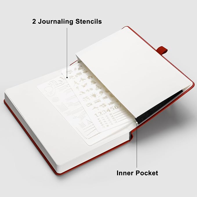 RETTACY Dotted Journal Notebook, 192 Pages, A5 Medium Size (5.7'' x 8.3''), Leather Hardcover, 100 GSM Thick Paper, for Journaling, Planning, Tracking (Red)