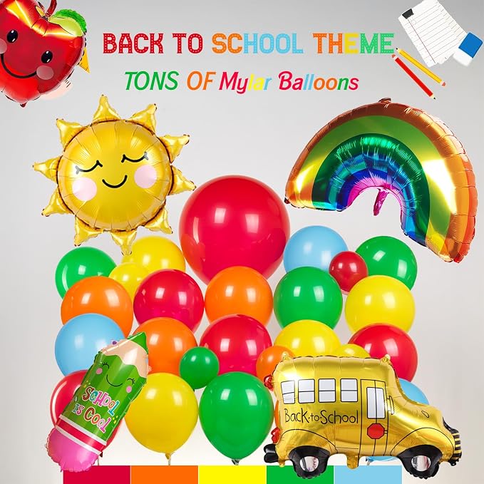 Preschool graduation party decorations Kit with cartoon Theme primary color Balloon and ABC123 Box rainbow sun apple balloon for kid Sesame Friends birthday Kindergarten pre k back to school supplies
