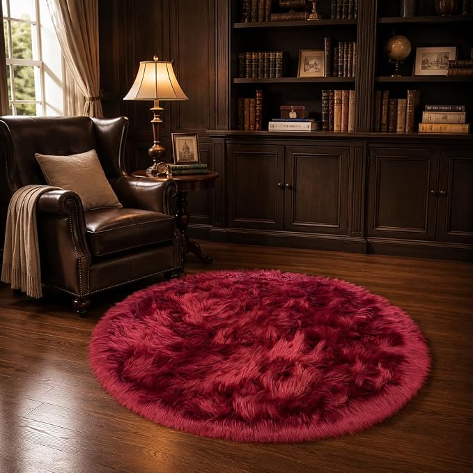 EasyJoy Faux Sheepskin Rug, Fluffy Faux Fur Rug, Ultra Soft Shag Area Rug with Non-Slip Backing for Bedroom, Living Room, Nursery, Kids Room(4 x 4 ft Round, Burgundy)
