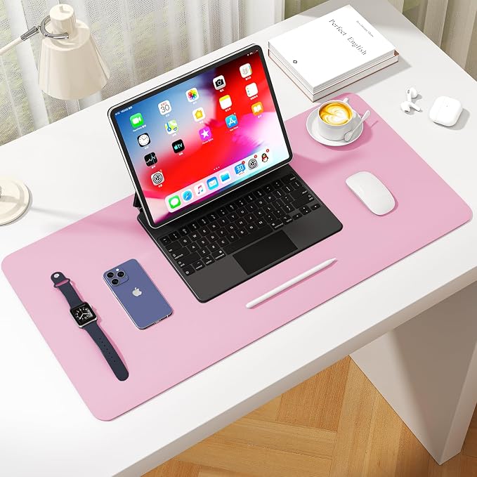 Leather Desk Pad Protector, Waterproof Mouse Pad, PU Desk Mat, Office Desk Cover, Desk Writing Mat for Office/Home/Work/Cubicle (Pink) 31.5x15.7 in