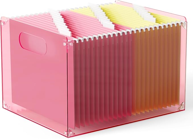 Oterri Large Pink Acrylic File Organizer with Handle, Desktop Box | 3mm Acrylic, Stain-Resistant, With Handle, Holds Letter & Legal Docs, Includes Hardware, Office, Home, Classroom, Countertop.
