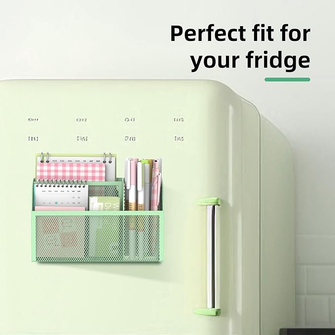 DALTACK Magnetic Pencil Holder - 3-Grid Mesh Shelf for Whiteboard, Refrigerator & Locker - Organizer for Home, School & Office, Mint Green