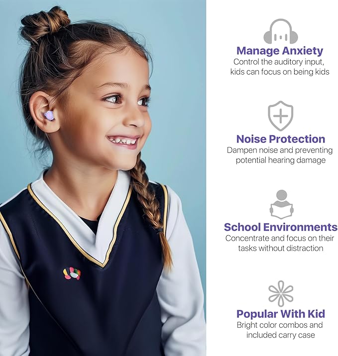 Kids Ear Plugs (6+yrs) - Reusable Everyday Noise Relief Earplugs for Small Ear Canal, Kids Ear Protection for Concerts, Travel, Focus, Socializing, School, Sleep, Sensitivity –26 dB Noise Reduction
