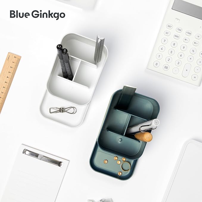 BLUE GINKGO Pen Holder, Desk Organizer, White, Made in Korea | Multi-Compartment. Space-Saving. Everyday Storage.