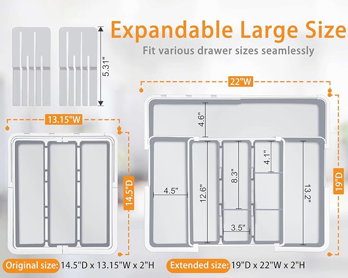 Large Utensil Organizer for Kitchen Drawer, Expandable Silverware Drawer Organizer Cooking Tray, Cutlery and Flatware Utensil Holder Kitchen Spatula Tools Storage with 3 Dividers, Grey