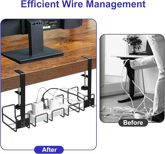 OneLeaf Under Desk Cable Management Tray - No Drill Wire Management Rack | Metal Cable Organizer Tray with Clamp, Under Desk Cord Management Storage Basket, Desk Accessories with Cable Organization
