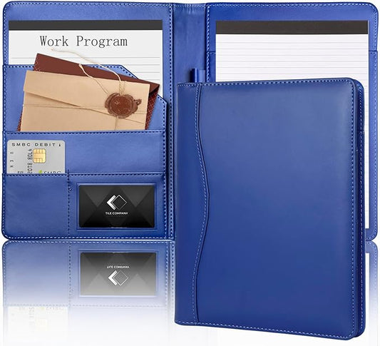 Leather Portfolio Binder 5 x 8, Mini Soft Leather Padfolio A5 Business Binder Legal Writing Pad Junior Size Document Organizer for Present Gift Kid Men Women Navy Blue