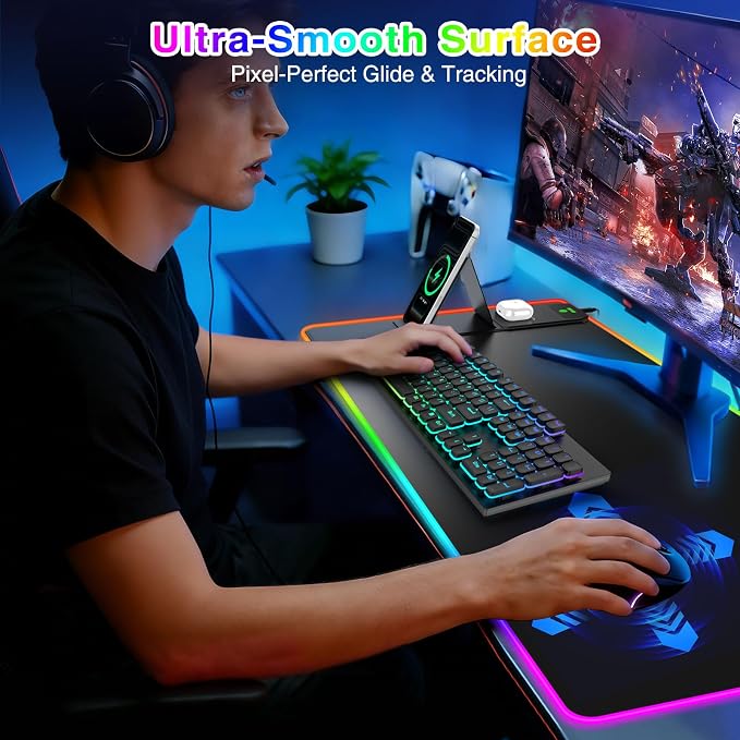 XXL RGB LED Gaming Mouse Pad with Magnetic Wireless Charger & Foldable Phone Holder, 31.5"x15.8" Extended Ultra-Smooth Desk Mat, 25 Lighting Effects, Non-Slip Base