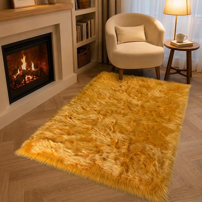 EasyJoy Faux Sheepskin Rug, Fluffy Faux Fur Rug, Ultra Soft Shag Area Rug with Non-Slip Backing for Bedroom, Living Room, Nursery, Kids Room(4 x 6 ft Rectangle, Golden Yellow)