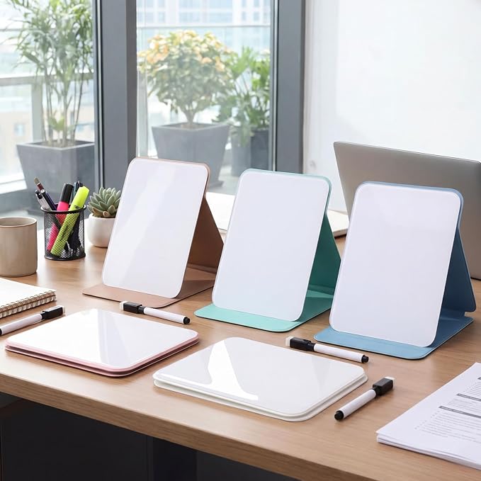 Dunzoom 10 Pcs Small Desktop Glass Whiteboard with Reversable Stand Clear Glass Mini Dry Erase Whiteboard Desktop Easel with 10 Markers for Home Office School, 8 x 6 Inch