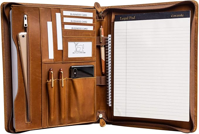 Genuine Leather Professioal Business Portfolio Padfolio Folder with Zipper for Men and Women,Work Portfolio for Letter Size Notepad, for Meeting and Travel, Brown