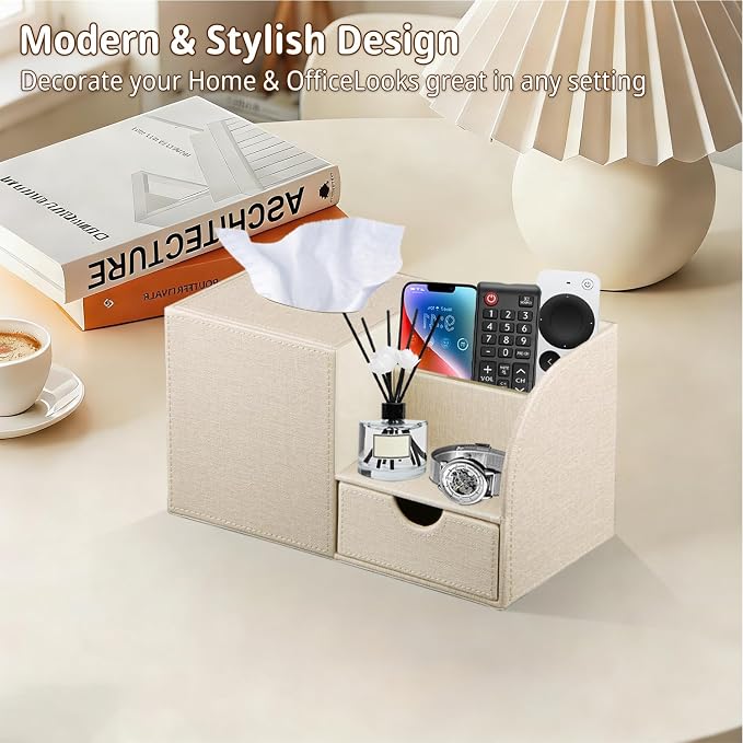 Nightstand Organizer with Tissue Holder,PU Leather Square Tissue Box Cover | Modern Facial Paper Organizer Storage Box for TV Remote Control,Bathroom,Vanity Countertop,End Table,Home and Office Decor