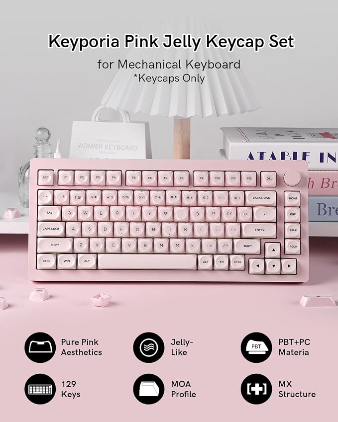PBT Keycaps, MOA Profile Pink Jelly Keycaps, 129 Keys Cute Custom Key caps for MX Switches Mechanical Keyboard, Compatible with 60%, 65%, 75%, 96%, Full-Sized Layout