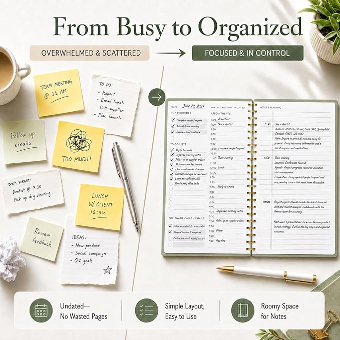 Daily Planner Undated - Simplified To Do List Notebook with Hourly Schedules, Spiral Appointment Organizer, 5.5" x 8.5", Easily Manage Your Tasks and Productivity - Green