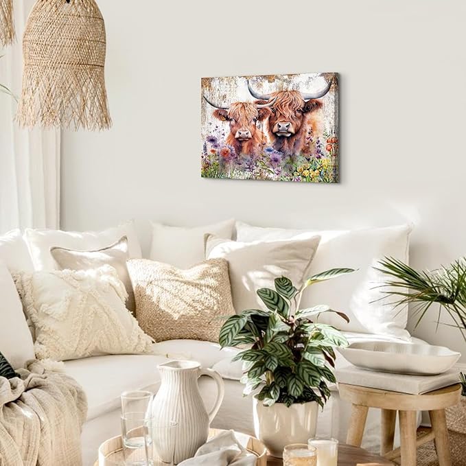 Rustic Cow Pictures Wall Decor Bathroom Farmhouse Highland Cow Wall Art Living Room Vintage Wildflower Cattle Poster Bedroom Farm Animal Canvas Prints Modern Artwork Kitchen Bed Home Decoration 16x24”
