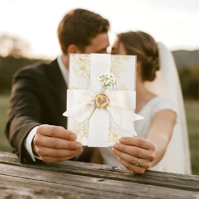 Wedding Invitation Accessories Kit, Pre-Folded Vellum Jackets for 5×7 Invitations with Wax Seal Stickers, Ribbon & Dried Flowers, Elegant Wedding Invitation Accessories for DIY Bridal Invites (Gold-Rose, 50)