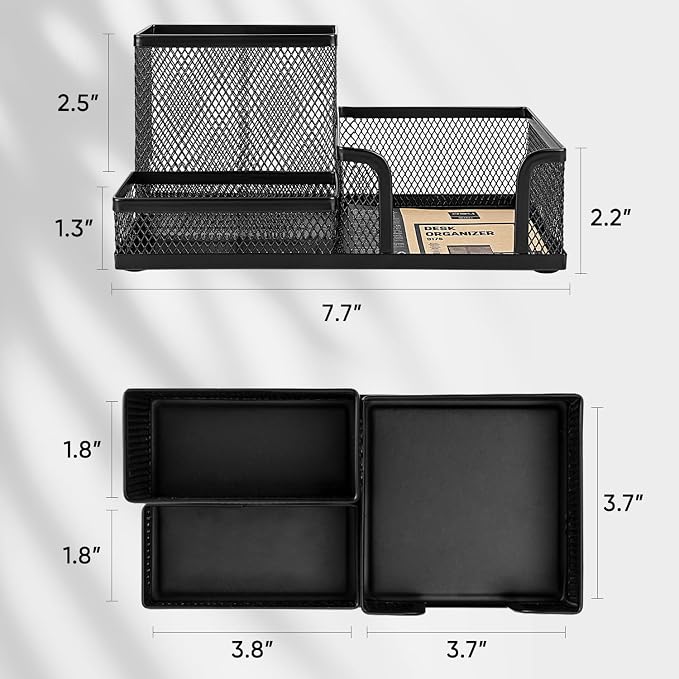 deli Mesh Desk Organizer, Black | Office Supplies Caddy with Pencil Holder and Storage Baskets for Desktop Accessories, 3 Compartments