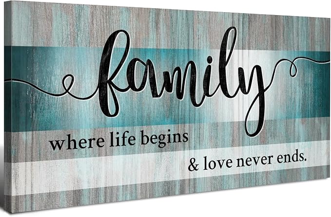 AIYISU Teal Family Wall Art Family Signs for Home Decor Wall Inspirational Quotes Picture Farmhouse Kitchen Dining Room Decor Turquoise Family Canvas Painting Bedroom Living Room Decoration 30x60