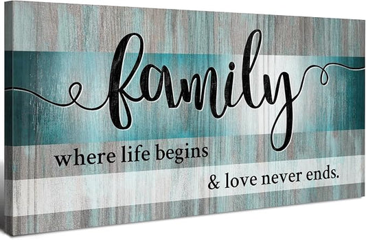 AIYISU Teal Family Wall Art Family Signs for Home Decor Wall Inspirational Quotes Picture Farmhouse Kitchen Dining Room Decor Turquoise Family Canvas Painting Bedroom Living Room Decoration 30x60
