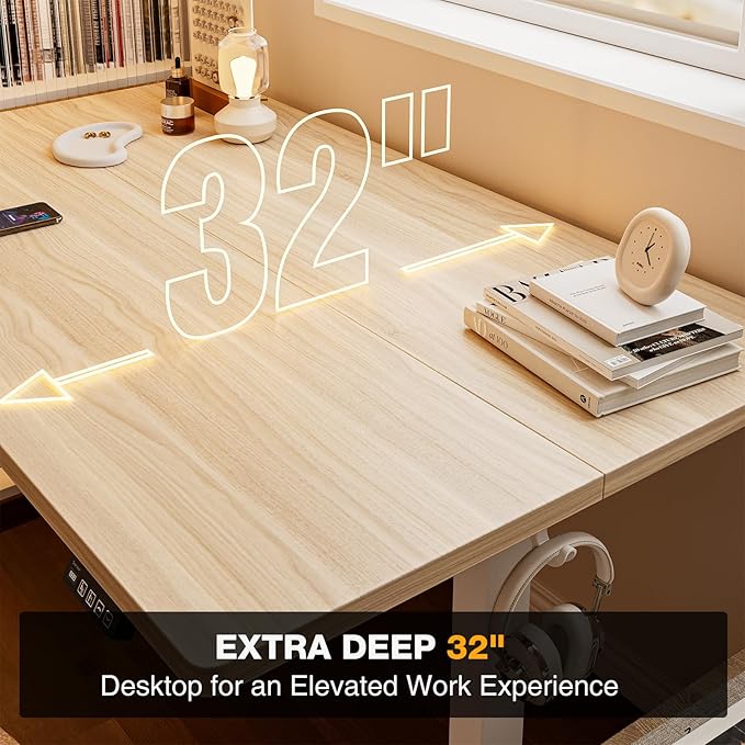 Grandder 47x32 Large Electric Standing Desk, Height Adjustable Computer Desk with 2 Memory Presets, 31.5" Deep Desktop Sit Stand Desk Home Office Desk Workstation Table with Hooks, Light Walnut