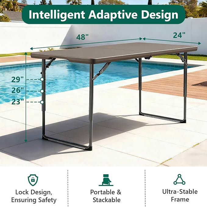 Folding Table, 4FT Foldable Picnic Table with Carrying Handle, Heavy Duty Fold-in-Half Portable Table for Weddings, Camping, RV Travel, Parties, BBQs, and Indoor Use, Easy to Fold and Store, Khaki