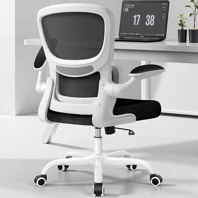 BESTFAIR Ergonomic Mesh Office Chair, Breathable Mesh Computer Desk Chair, Adjustable Lumbar Support, Flip-up Armrests, Executive Swivel Chair for Home Office, White