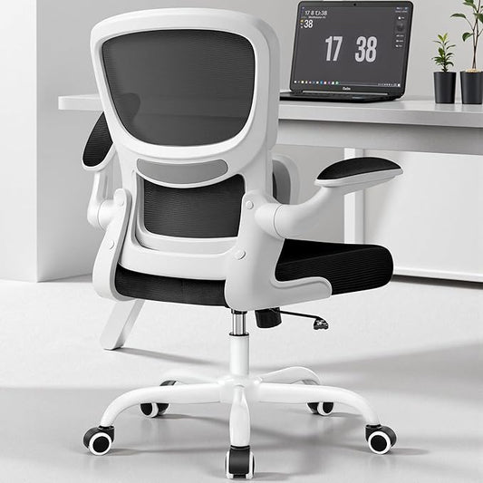 BESTFAIR Ergonomic Mesh Office Chair, Breathable Mesh Computer Desk Chair, Adjustable Lumbar Support, Flip-up Armrests, Executive Swivel Chair for Home Office, White